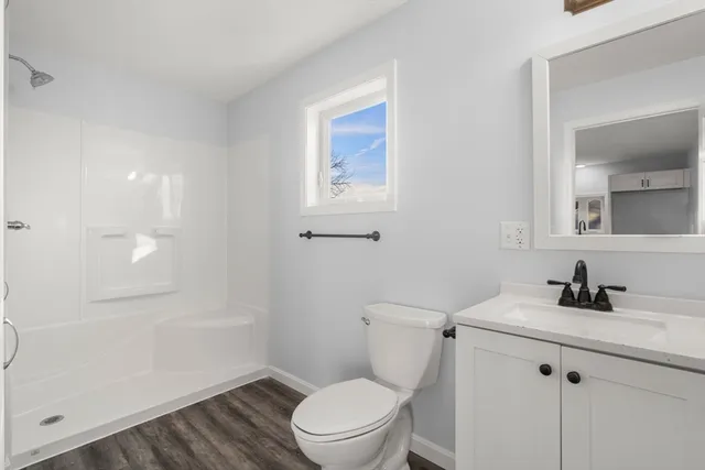 a bathroom with a toilet a sink a mirror and vanity