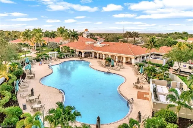 an aerial view of a swimming pool