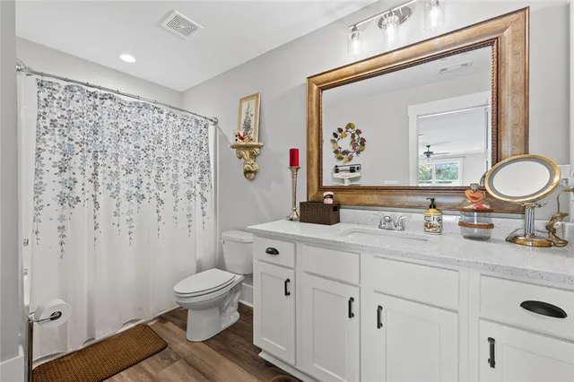 a bathroom with a toilet a sink a mirror a vanity and shower