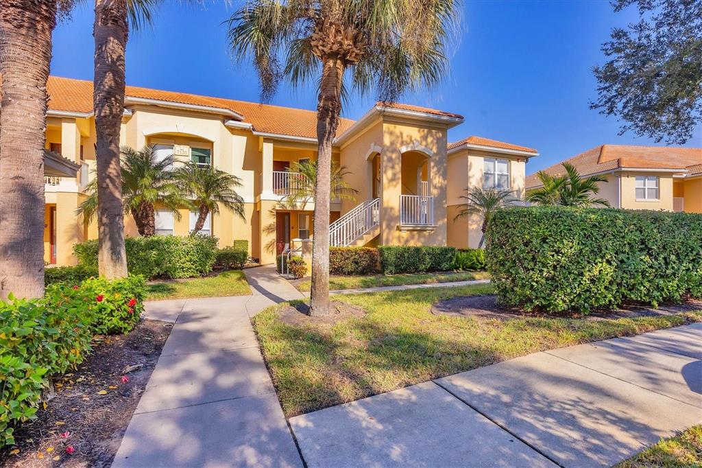 a view of a house with a yard and palm trees