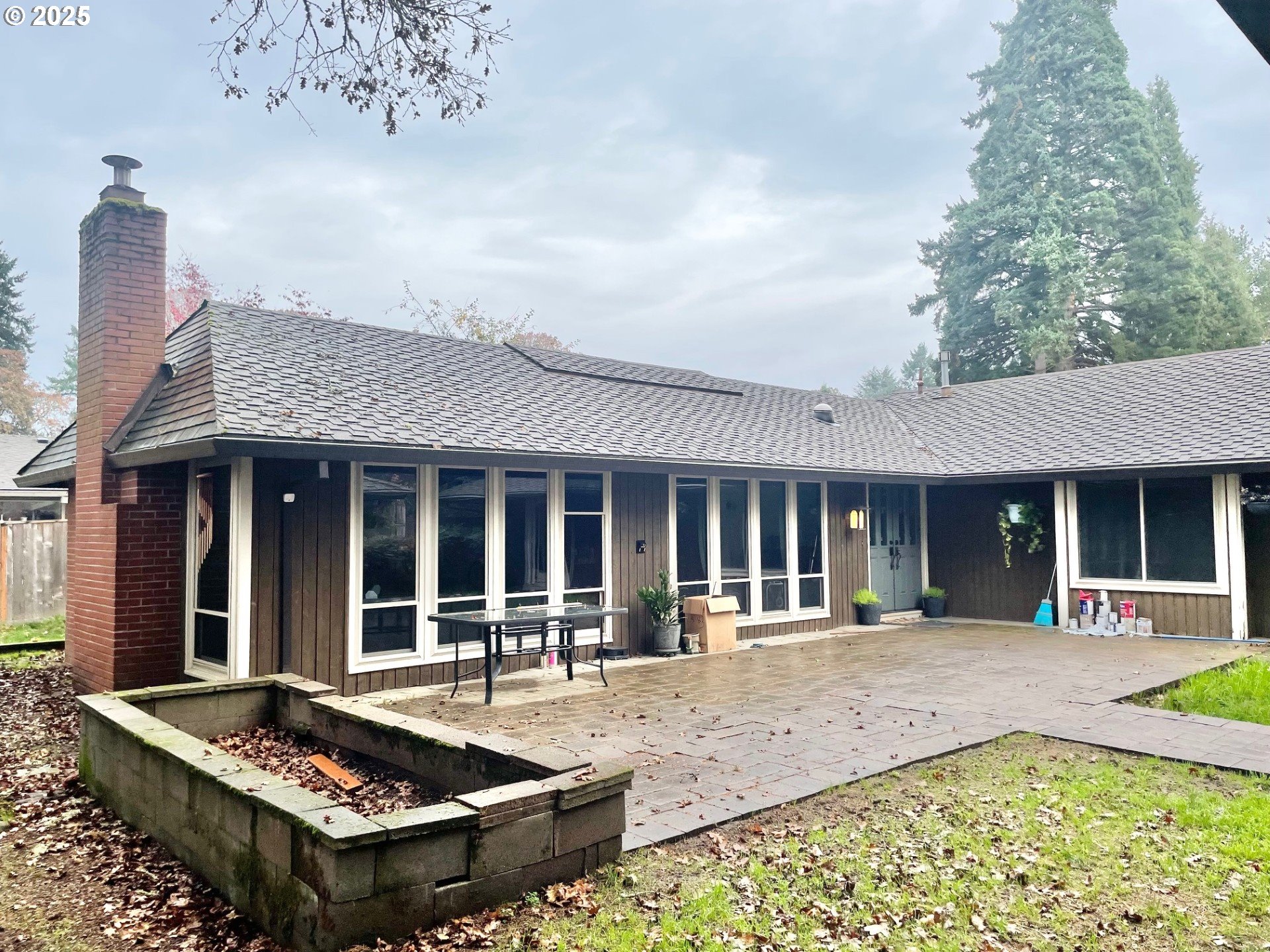 front view of a house with a patio