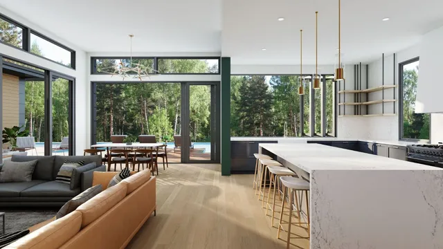 a kitchen with kitchen island a large window in it