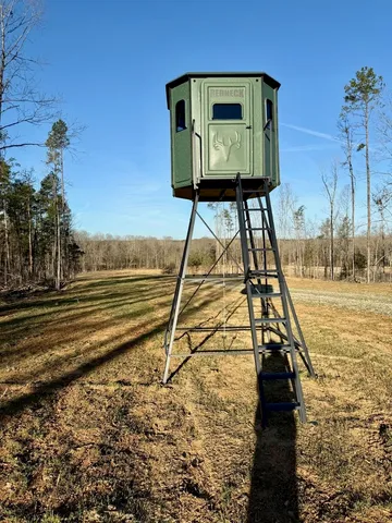 a view of dirt field with large trees