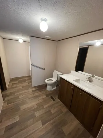a bathroom with a sink toilet and mirror