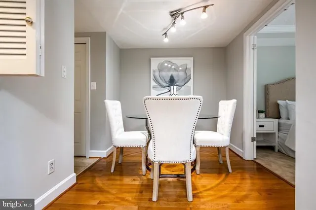 a view of a dining room with furniture