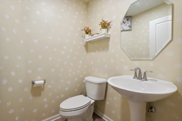 a bathroom with a sink mirror and toilet