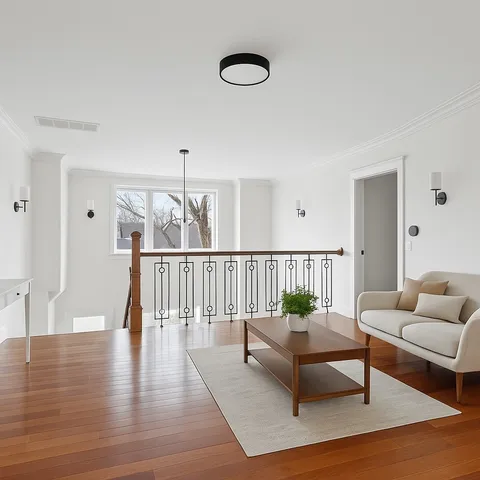 a living room with furniture and wooden floor
