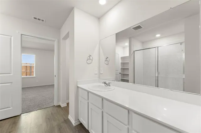 a bathroom with a shower sink and mirror