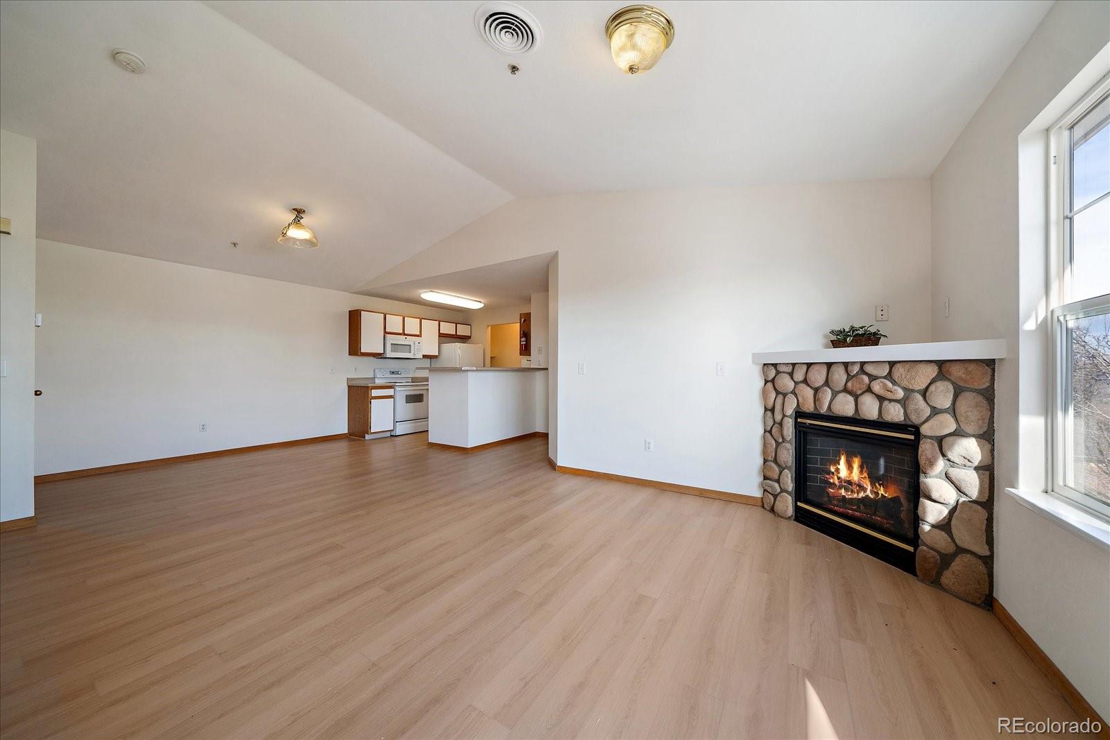 2226 West Elizabeth Street, Unit D302 Fort Collins, CO 80521 - Photo 9 of 20 an empty room with wooden floor fireplace and windows