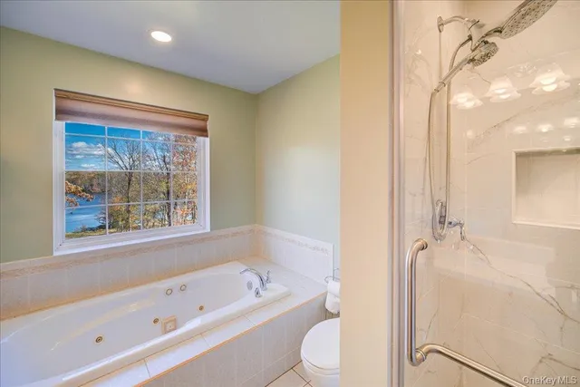 a bathroom with a bathtub shower sink vanity and toilet