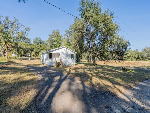 a view of a yard with large trees