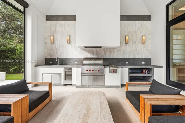 a view of a swimming pool with a seating