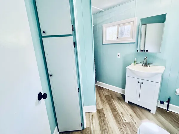 a bathroom with a sink a mirror and a shower