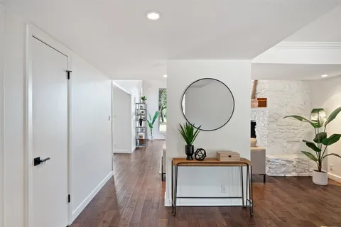 a living room with furniture a potted plant and a wooden floor