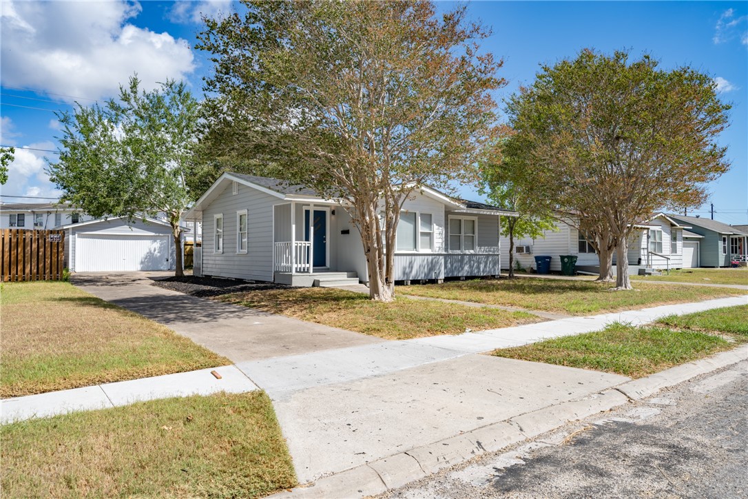 a view of a white house with a large tree and plants