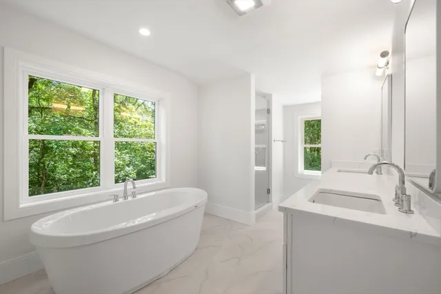 a bathroom with a double vanity sink and a bathtub