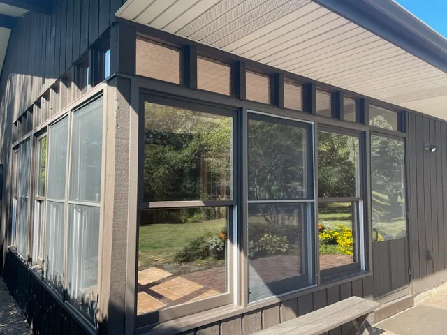 a view of a park with large trees