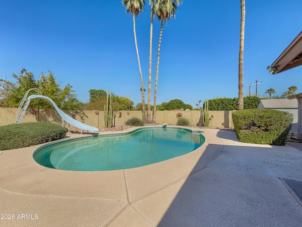 a view of a swimming pool with a yard