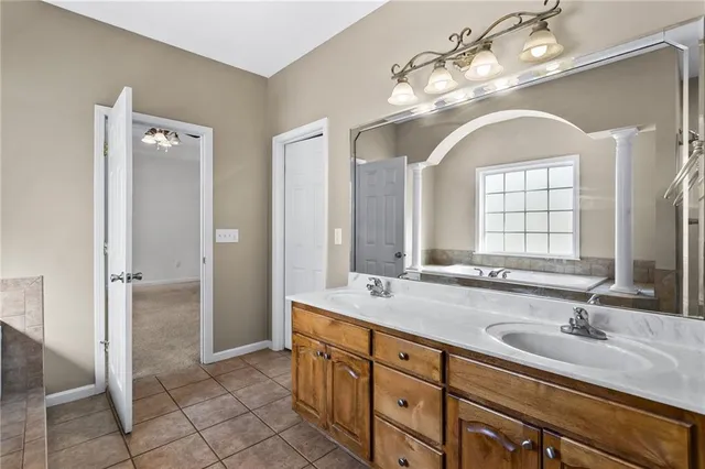 a bathroom with a double vanity sink mirror and shower