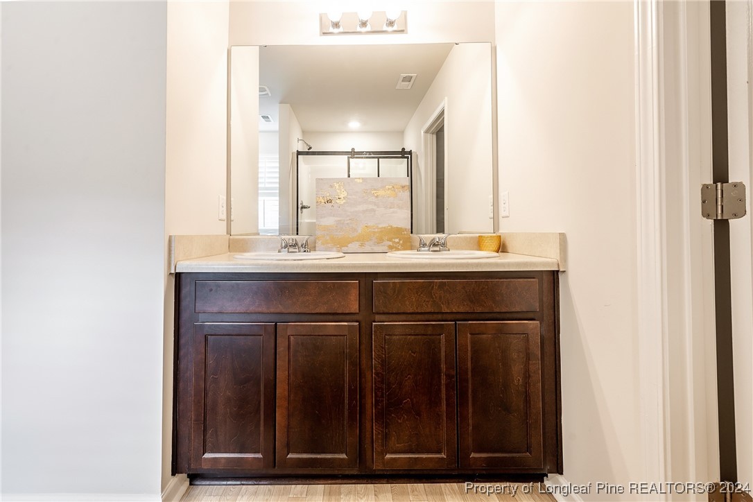 5918 Lowgrass Road Stedman, NC 28391 - Photo 30 of 32 a bathroom with a sink vanity and a mirror