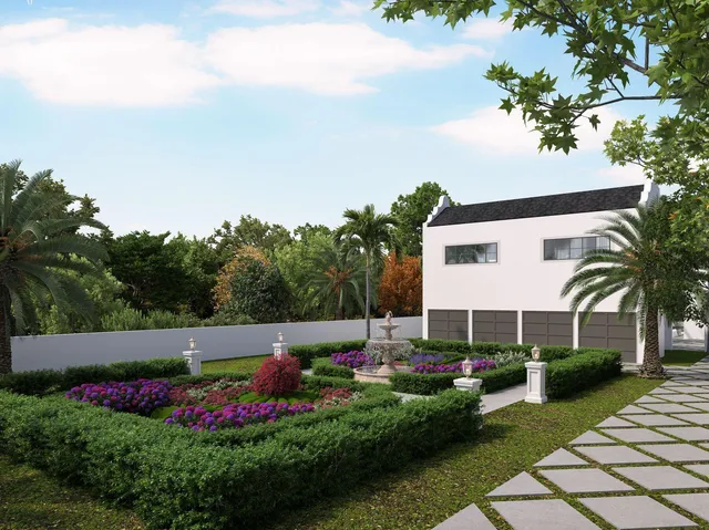 a view of garden with flowers and trees