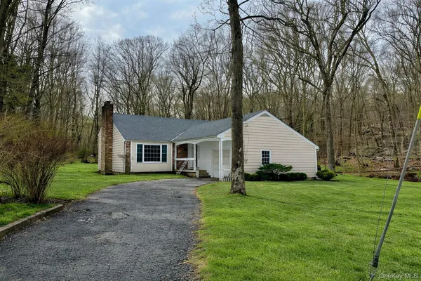 a backyard of a house with plants and large tree