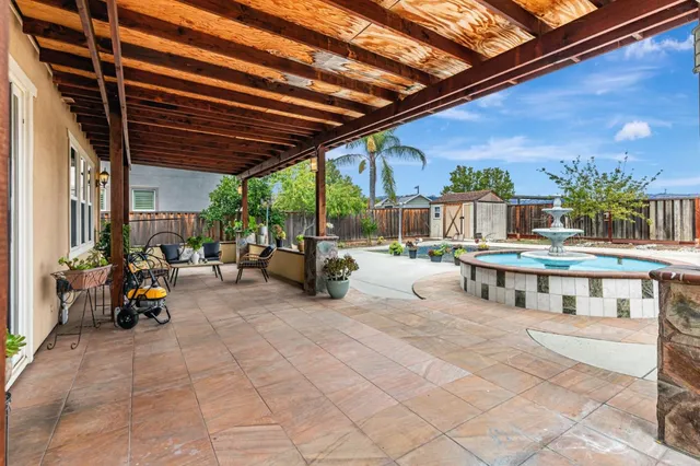 an outdoor space with seating