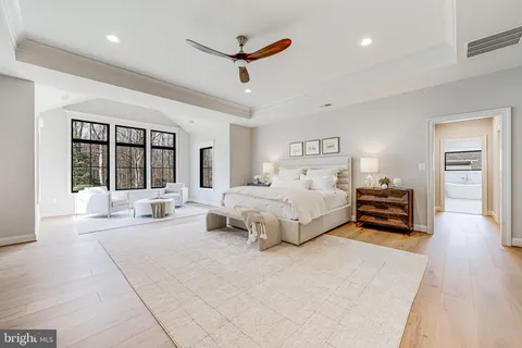 a spacious bedroom with a large bed and a large window