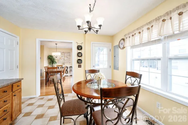 a view of a dining room with furniture window and outside view
