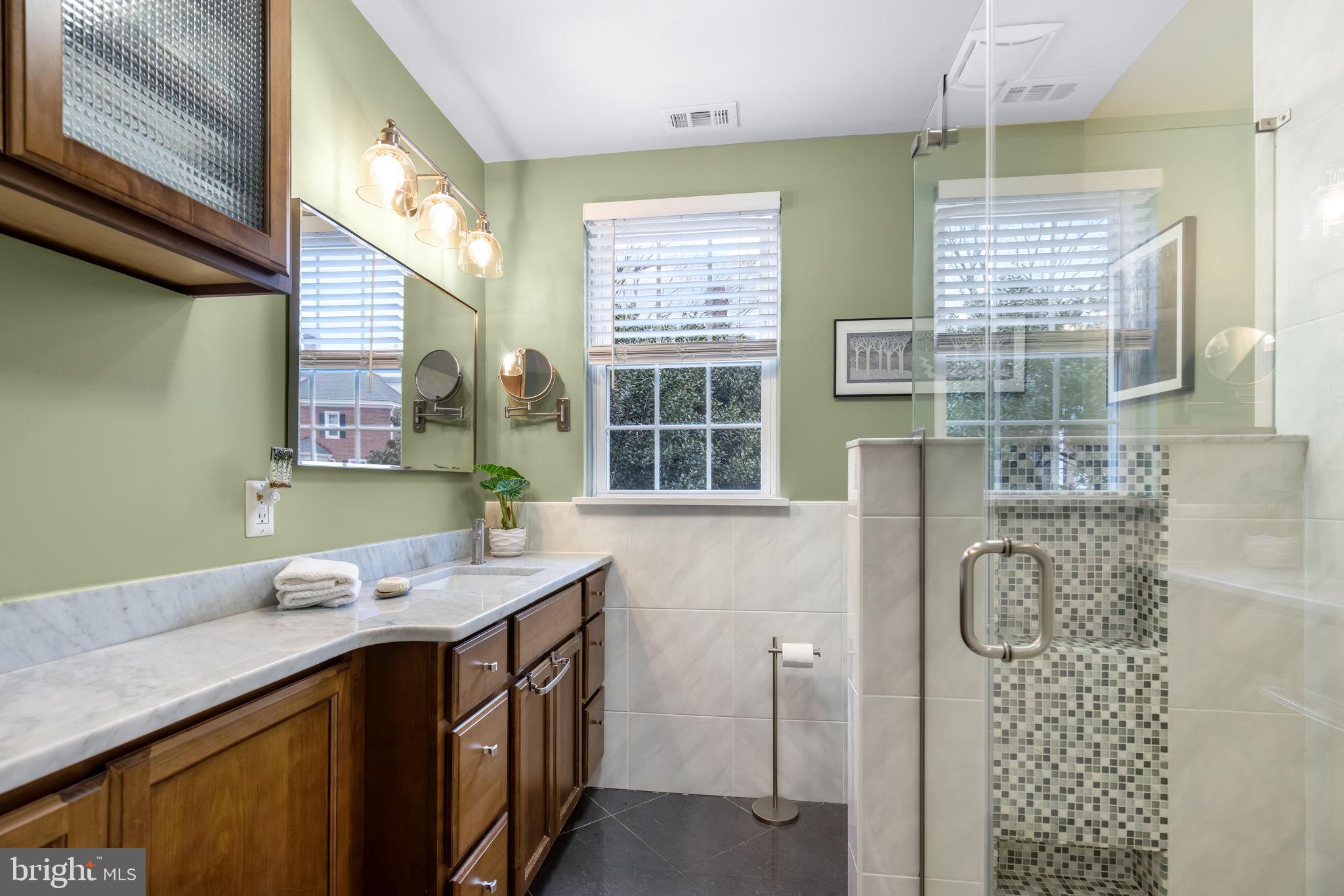 4225 32nd Road South Arlington, VA 22206 - Photo 25 of 36 a bathroom with a granite countertop sink a mirror a window and a shower