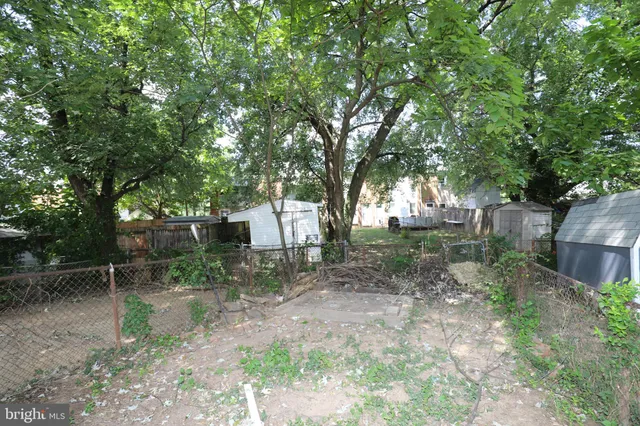a backyard of a house with lots of plants and large tree