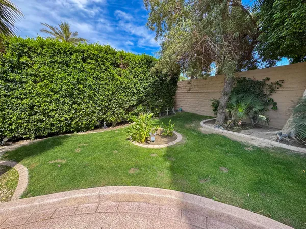 a view of a backyard with table and chairs and plants