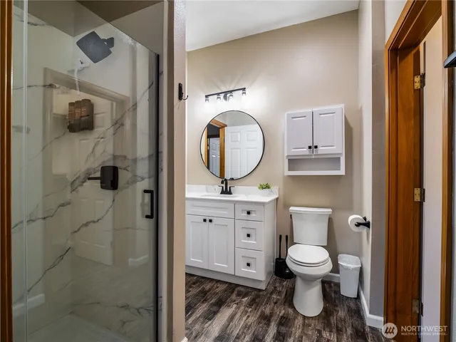 a bathroom with a toilet sink vanity shower and mirror