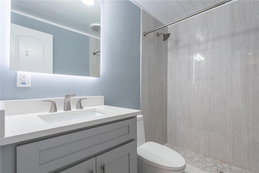 2021 Valley Drive Dunedin, FL 34698 - Photo 34 of 79 a bathroom with a sink a mirror a toilet and shower