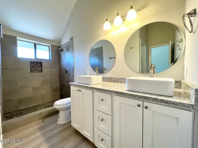 a bathroom with a double vanity sink toilet and shower