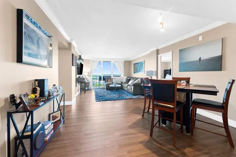 a view of a dining room with furniture a rug and wooden floor