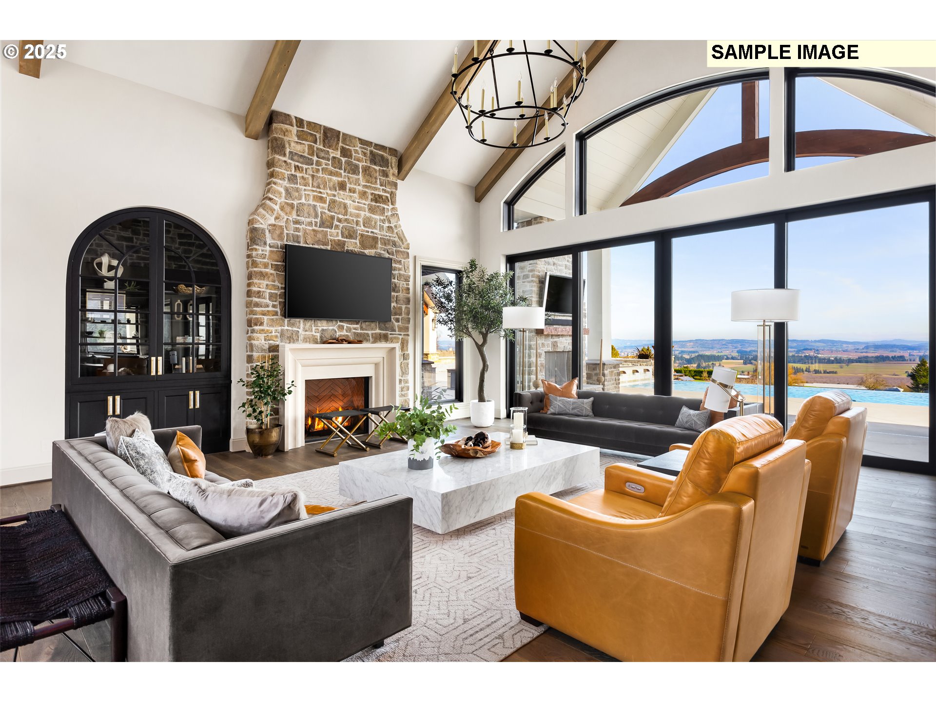 29435 Southwest Mountain Road West Linn, OR 97068 - Photo 38 of 48 a living room with fireplace furniture and a floor to ceiling window