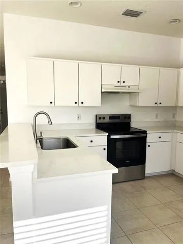 a kitchen with a sink a stove and cabinets