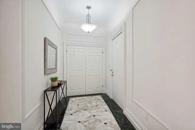 a view of a hallway with a flower pot