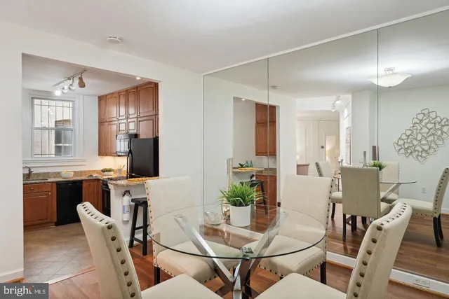 a view of a dining room with furniture