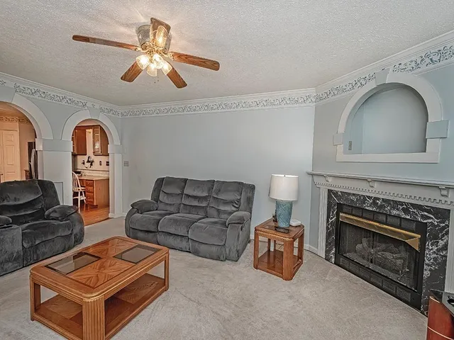 a living room with furniture and a fireplace