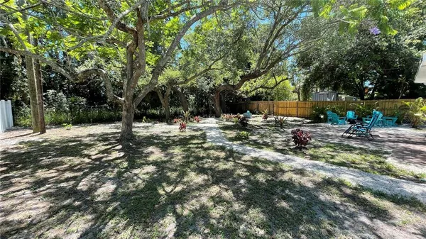 a backyard of a house with table and chairs