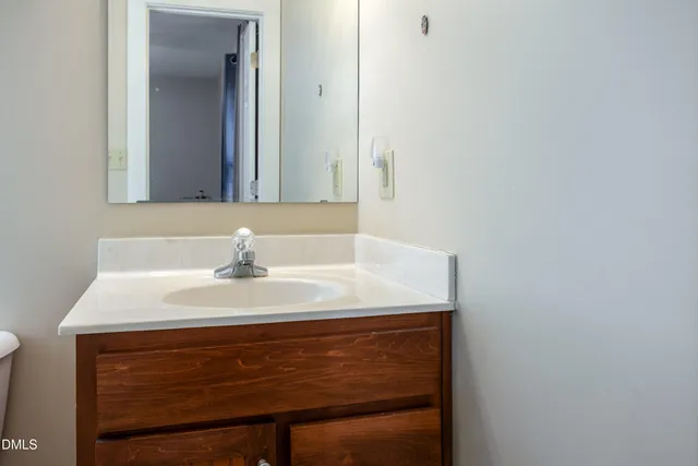 a bathroom with a sink vanity and a mirror
