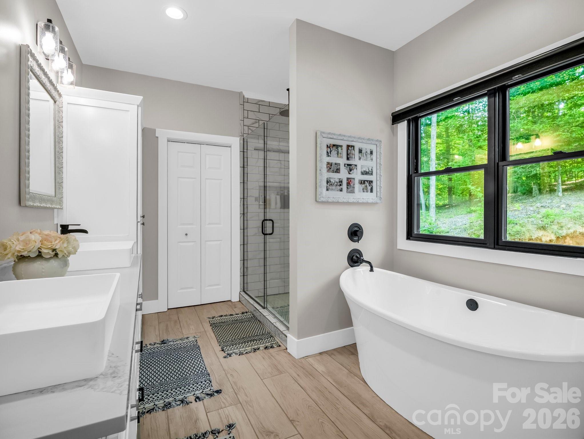 5717 Turnpike Road Horse Shoe, NC 28742 - Photo 18 of 36 a bathroom with a tub a sink and a large mirror