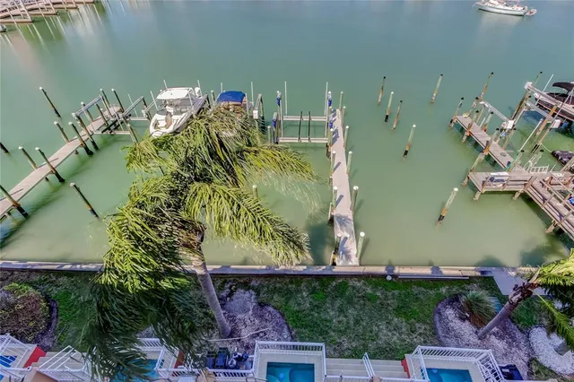 an aerial view of a ocean view with boat and palm trees