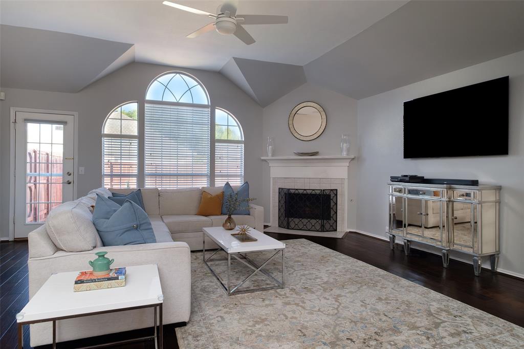 2513 Hunters Run Drive Plano, TX 75025 - Photo 4 of 36 a living room with furniture a fireplace and flat screen tv