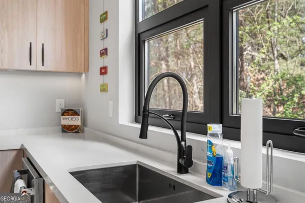 a view of a dining room with furniture