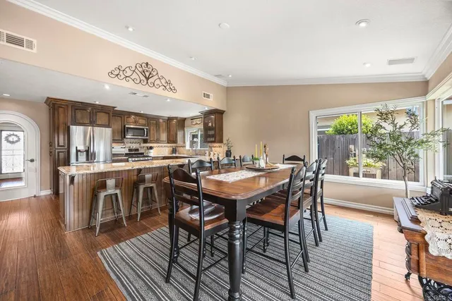 a view of a dining room with furniture window and wooden floor