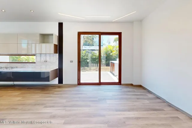 a view of backyard with potted plants and wooden floor