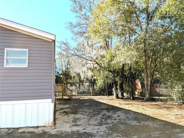 a view of a yard with plants and trees